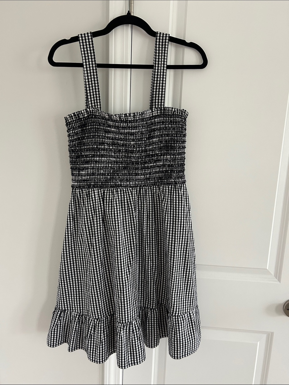 LOFT Black & White Gingham Smocked Mini Dress